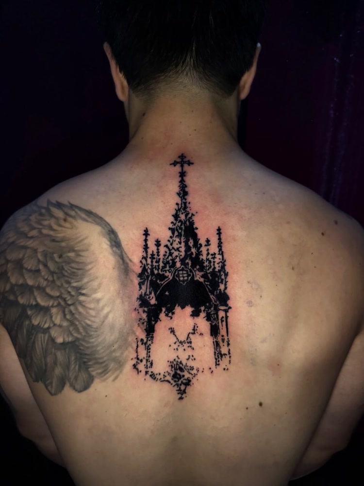 Gothic cathedral spine blackwork piece