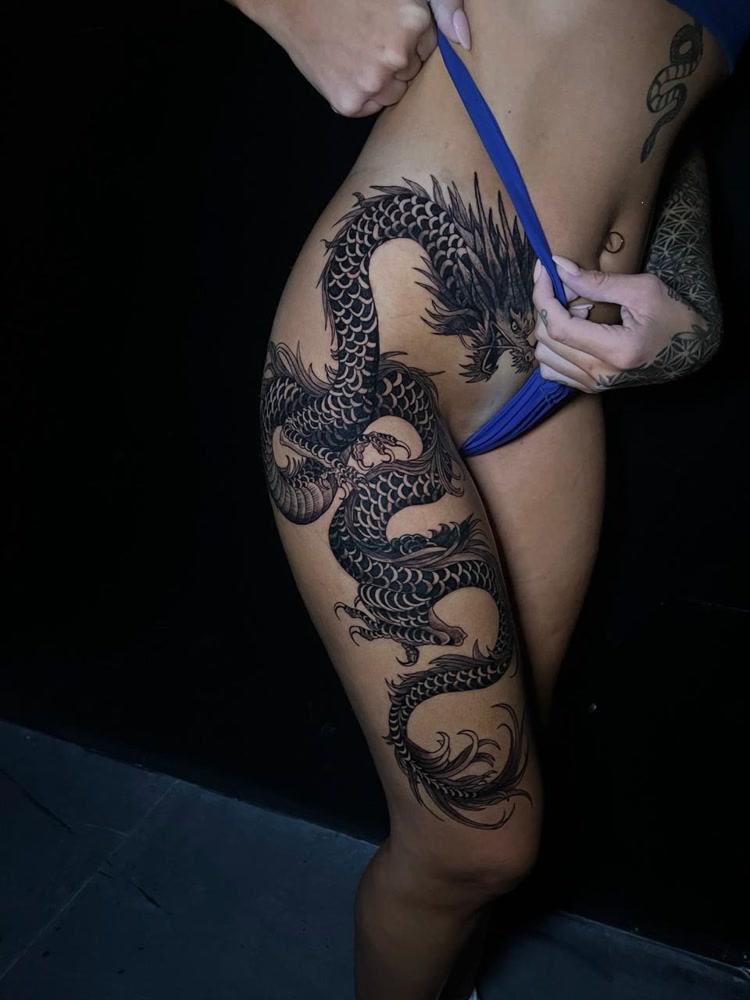 Japanese dragon full leg blackwork