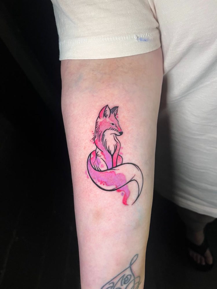 Pink watercolor fox forearm piece
