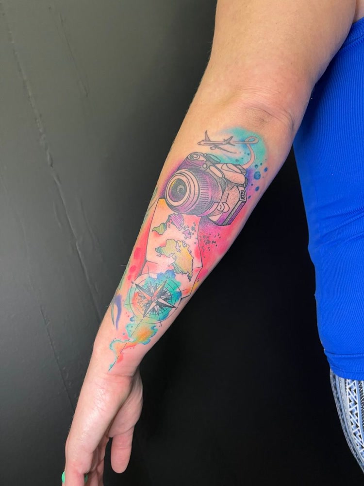 Watercolor camera compass and airplane travel piece
