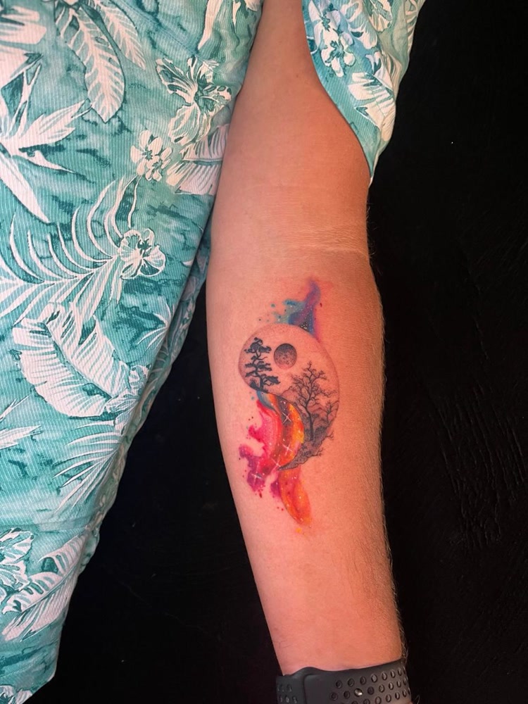 Watercolor yin yang with bonsai trees